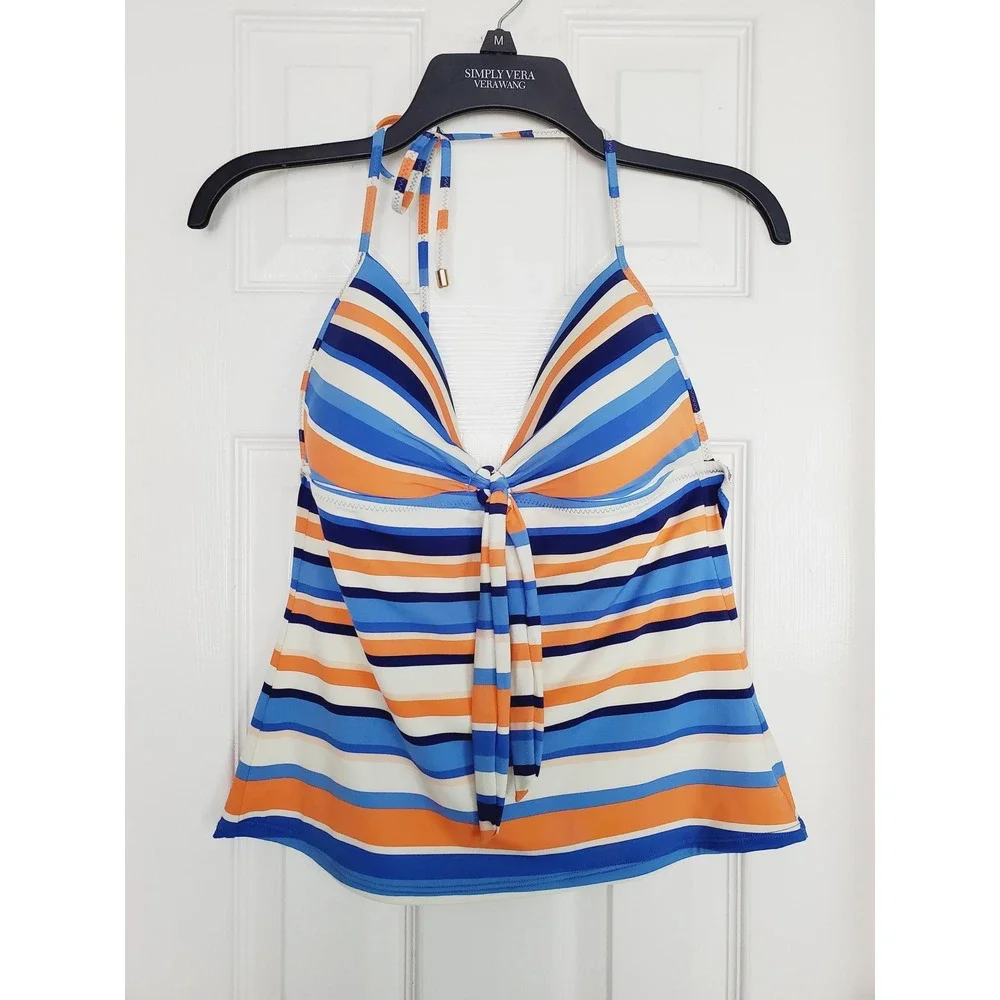 Cremieux Modest Tankini Swim Top Blue Orange Striped Halter Tie Front Swimwear L